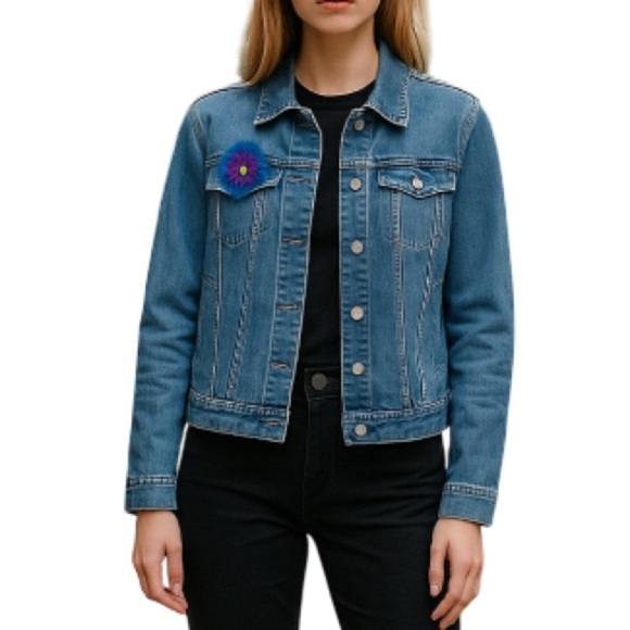 CALVIN KLEIN Blue Light Wash Denim Jean Jacket Crochet Flower Cropped Size S - Picture 1 of 13